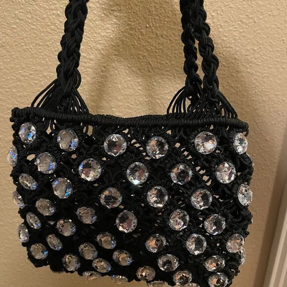 ZARA Black Crocheted Rhinestone Jeweled Evening Purse - Picture 5 of 16